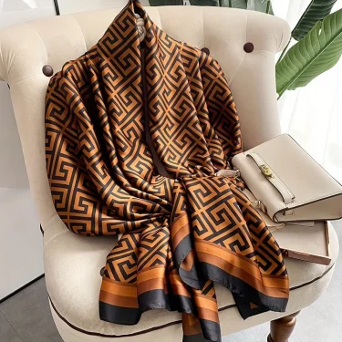 Coffee Color Large Silk Soft Scarf Women Stylish Print Long Shawl Handkerchief Summer Elegant Travel Wrap Hot 180x90cm 2