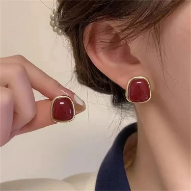 Simple Design Wine Red Square Stud Earrings For Women Gold Color Circle Vintage Geometry Earring Jewelry Gifts Wholesale 2