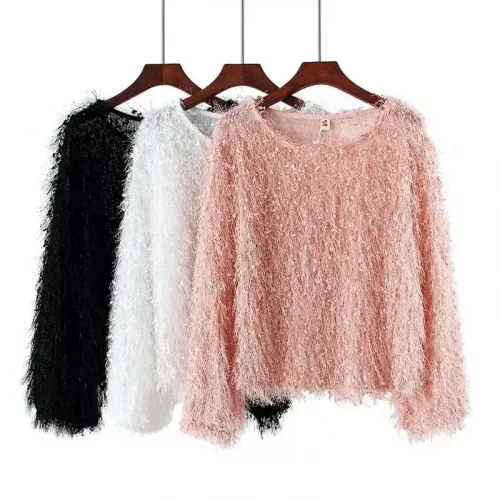 Blouse Women Tassel Long Sleeve Top O-neck Short Furry Blusas Ropa De Mujer 1