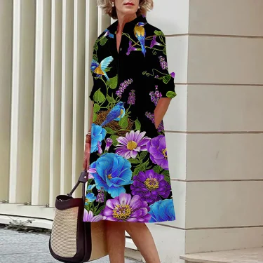Floral Pattern Shirt Dress Elegant Women's Summer Casual Lapel Long Sleeve Midi Dress High Temperament Fashion Street Shirt 3