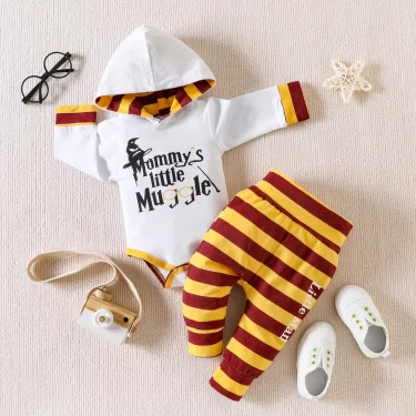 Children's Long-sleeved Hoodie Suit Top Striped Pants Crawling Cotton Suit Clothes Printing Baby Boys and Girls 1