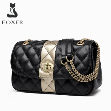 FOXER Women Crossbody Bag Diamond Lattice Handbag Lady Armpit Shoulder Bag Girl's Split Leather Chain Strap Black Messenger Bags 1