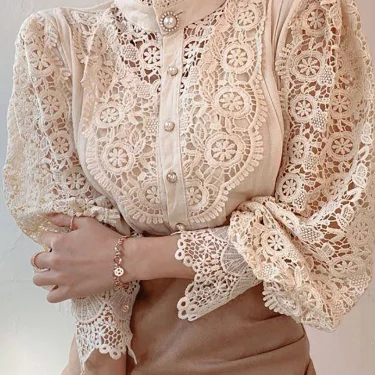 Women Chiffon Button Turtleneck Shirt Chic Elegant Floral Lace Fluffy Long Sleeve Top Fashion Hollow Oversize White Blouse 2024 2
