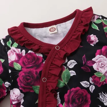 0-18Months Newborn Baby Girls Gorgeous Rose Floral Ruffle Short Sleeve Jumpsuit + Headband Toddler Baby Girl Festival Costumes 4