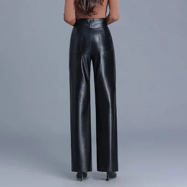 Autumn and Winter New Solid Color High Waist Pu Leather Pants, Fashion Straight Leg Long Pants, Casual Loose Wide Leg Pant Women 4