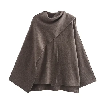 TRAF Women's Fashion Fall Winter Chic Scarf Jacket Long Sleeve Knitted Asymmetric Jacket Sexy Split Hem Loose Short Jacket 2