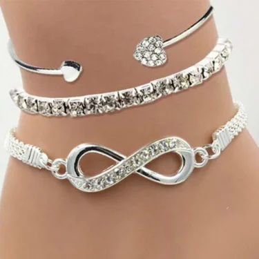 Vintage Set Silver Color Crystal Rhinestone Heart Bracelets for Women Fashion Geometric Adjustable Infinity Cuff Bangle Jewelry 1