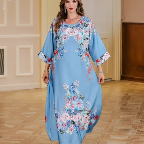 Siskakia Ramadan Dubai Elegant Floral Print Maxi Dress Muslimc Women Folds Sleeve Abayas Dubai O-Neck Kaftan 1