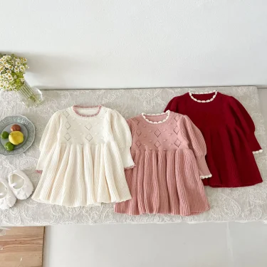 Korean Autumn Winter Baby Girls Dress Cotton Knittted Lantern Sleeve Ruched Princess Toddler Girls Dress Kids Girls Knitwears 2