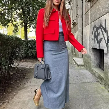 TRAF Women Fashion With Flaps Cropped Blazer Coat Vintage Long Sleeve Snap-button Female Outerwear Chic Tops 3