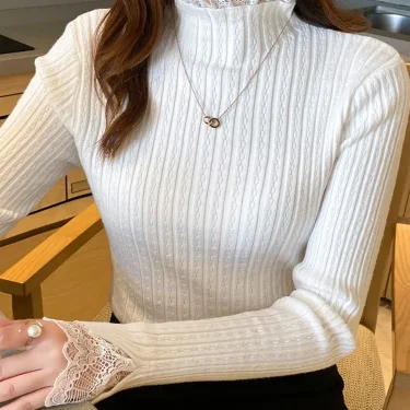 Lace Solid Basic Knitted Women Tops Turtlneck Sweater Long Sleeve Slim Casual Pullover Korean Fashion Simple Chic Clothes 2
