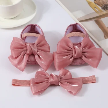 Lovely Baby Girls Shiny Baptism Shoes Headband Newborn Cute Bowknot Mary Jane Flats Set Children First Walker Flat 0-12 Months 1