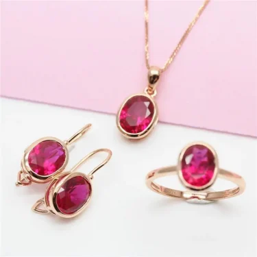 585 Purple Gold Simple Ruby Ladies Jewelry Set 14K Rose Gold Inlaid Oval Ring Earring Necklace Classic Glamour Party Jewelry 1