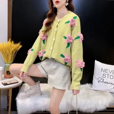 Sweater Female 2023 Spring and Autumn Knitwear Women Heavy Industry Rose Blossom Embroidery Contrast Sweater Coat Cardigan 6