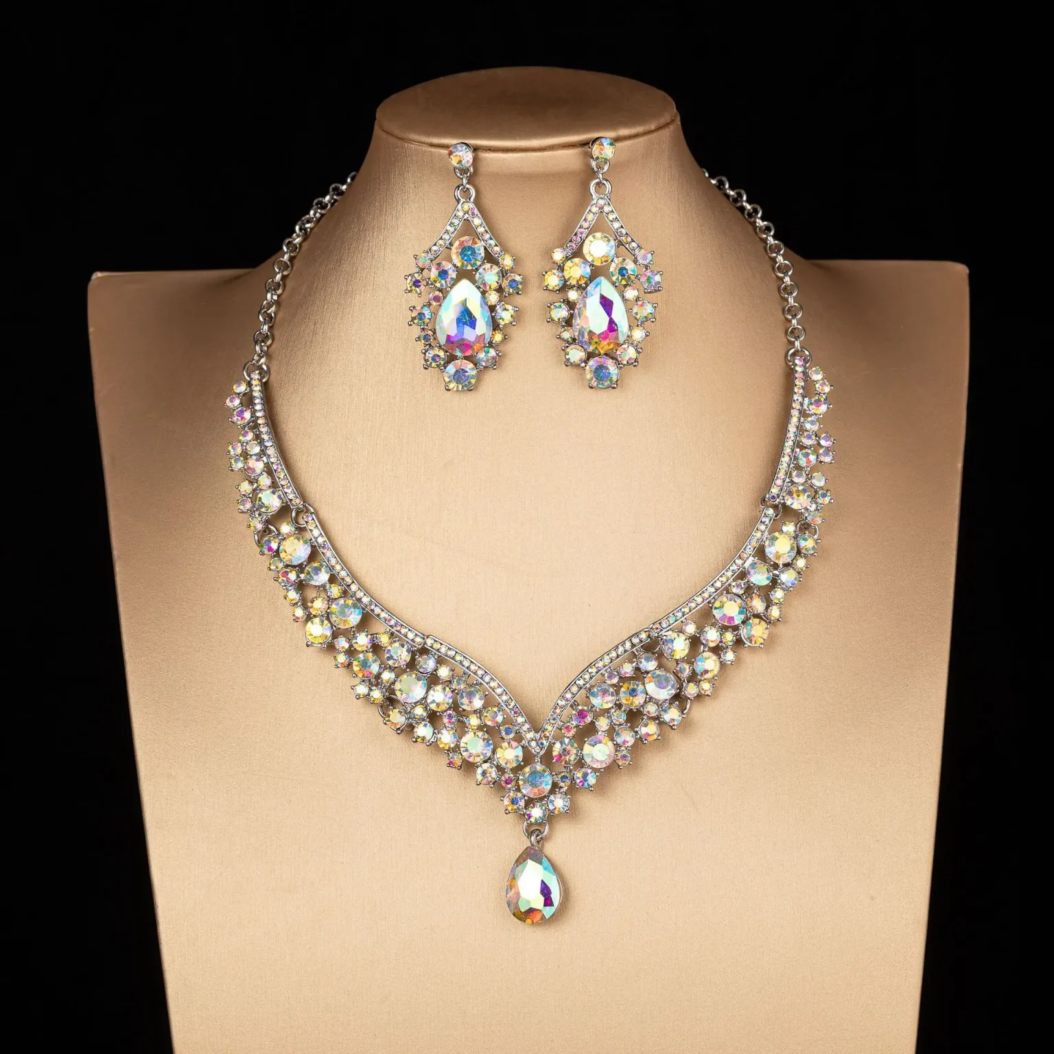 Luxury Crystal AB Color Choker Necklace Earrings Set Rhinestone Bridal Jewelry Sets for Bride Wedding Party Costume Bijoux Femme 6