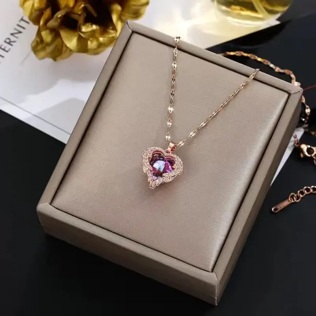 Top Luxury Colorful Crystal Ocean Heart Pendant Necklace For Women Trendy 316L Stainless Steel Jewelry Female Wedding Neck Chain 5