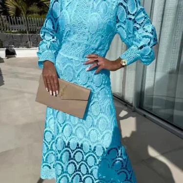 Spring New French Lace Standing Neck Bubble Sleeves Wrapped Waist for Slimming Dress, Elegant European and American Long Dress 4