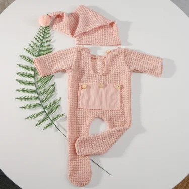 Ylsteed Neworn Footed Jumpsuit for Photo Shooting Infant Photography Outfits Newborn Buttons Pocket Romper with Pom Sleepy Hat 6