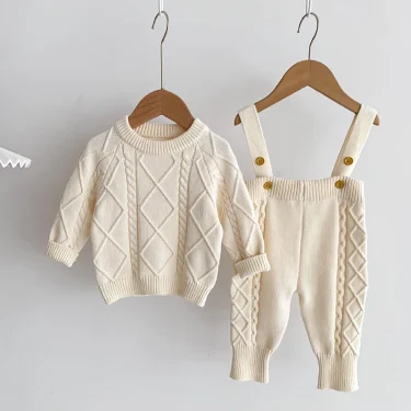 Autumn Spring Korean Style Newborn Baby Girls Boys Solid Color Knitting Clothing Set Sweater Overall Children Clothes Suit 4