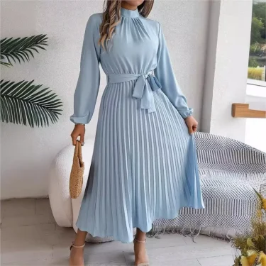 Autumn and winter elegant stand up collar long sleeved waist cinched pleated long skirt small dress women's solid color dress 1
