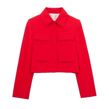 TRAF Women Fashion With Flaps Cropped Blazer Coat Vintage Long Sleeve Snap-button Female Outerwear Chic Tops 5