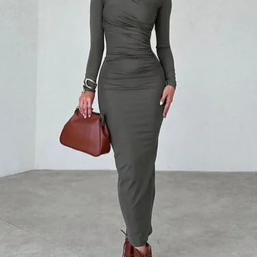 Women Elegant Solid Black Bodycon Maxi Dress Long Sleeve Lady O-neck Evening Party Vestidos Robe 3