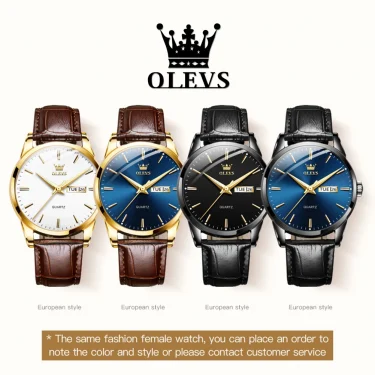OLVES Top Brand Men's Watches Original Simple Blue Face Quartz Wristwatch for Man Waterproof Leather Strap Business Watch Casual 6