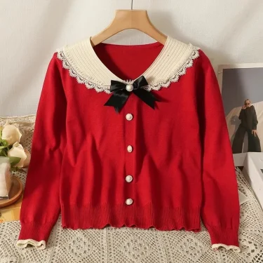 Neploe Elegant Sweet Lapel Neck Bow Cardigans 2024 Autumn Fashion Sweaters Women Y2k Single Breasted Bottoming Knitted Tops 4