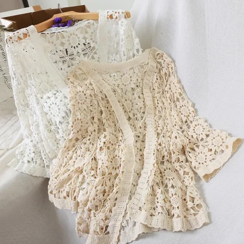 Kimono Cardigan Beach White Summer Cardigan Women Hollow Out Cardigans Crochet Top Summer Shirt Korean Shirts Lace Blouse 1