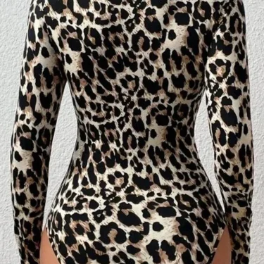 Sexy Tight Women's Bodysuits Women's Small Stand Collar Long Sleeve Fashion Leopard Print Tight Girly Style Bodysuit Top 4