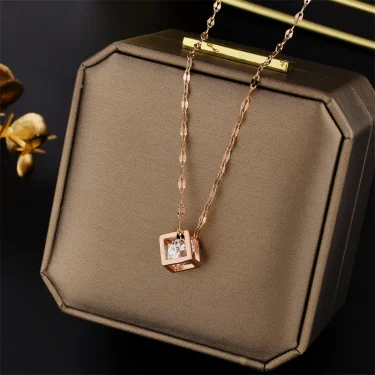 Classic Zircon Crystal Inside Hollow Square Stainless Steel Necklace For Women Korean Fashion Sexy Female Clavicle Chain Jewelry 6