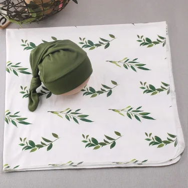 Ylsteed Newborn Photography Wrap with Matching Hat Leaves Printed Stretch Swaddle Infant Photo Shooting Outfits 3