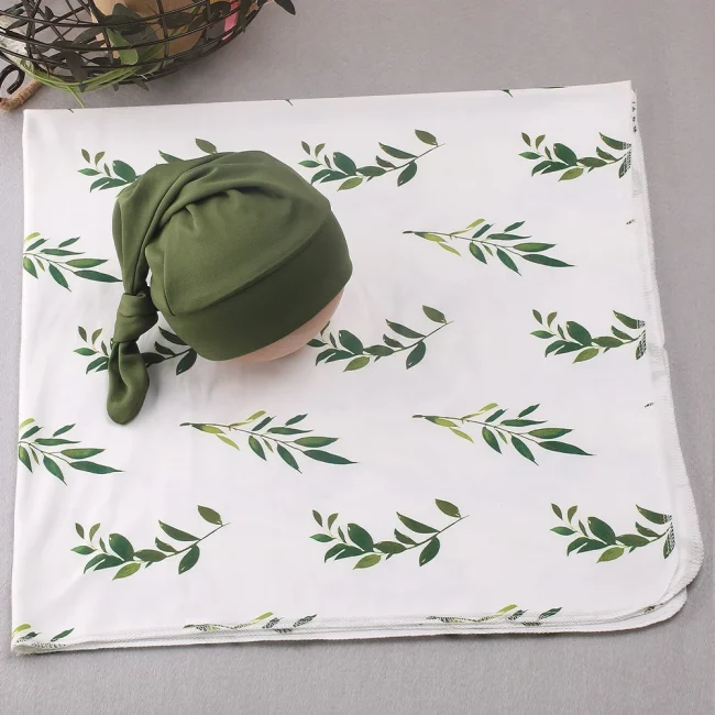 Ylsteed Newborn Photography Wrap with Matching Hat Leaves Printed Stretch Swaddle Infant Photo Shooting Outfits 3