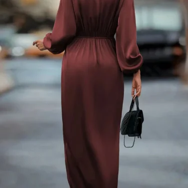 2023 Autumn and Winter New European and American Fashion Solid Color Waist Slit V-Neck Long Sleeve Dress for Women long dresses 2
