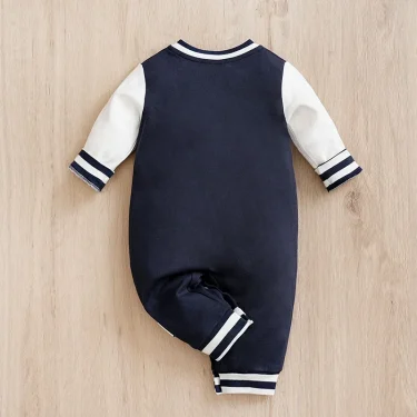 BabyBoys AndGirls Newborn Casual Solid Color Contrasting Children's Baseball Suit Cotton Spring And Autumn Long Sleeved Jumpsuit 2