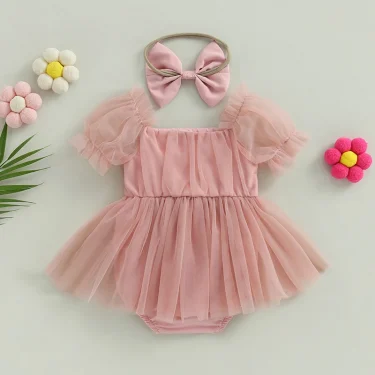 0-24M Infant Baby Girl Romper Dress Solid Color Short Sleeve Front Bowknot Tulle Jumpsuit Headband Baby Girl Summer Clothes 3