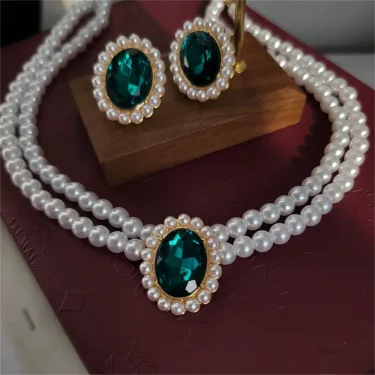 Vintage Double Layer Pearl Necklace Emerald Pearl Earrings Choker Women Elegant Clavicle Chain Banquet Party Fashion Accessories 2