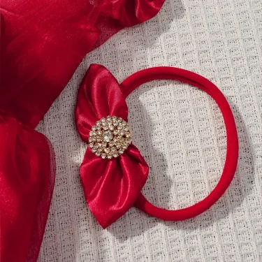 Ylsteed Newborn Girl Photoshoot Outfit Baby Girl Red Big Bow Mesh Dress with Rhinestones Headband Infant Photography Props 4