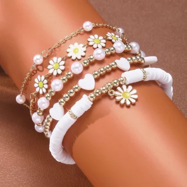 8pcs Vintage Daisy Flower Pendant Bracelet Set for Women Bohemian Beaded Enamel Star Heart Pearl Bangles Trendy Jewelry Gifts 5