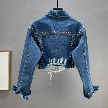 New Spring and Fall Fashion for Women Heavy Industry Rivet Diamond Setting Denim Jacket Grinding Broken Beaded Denim Jacket Y2k 2