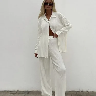 CM.YAYA Street Women's Set Long Sleeve Shirt Tops and Wide Leg Pants Elegant Tracksuit Two Piece Set Sweatsuit Fitness Outfits 5