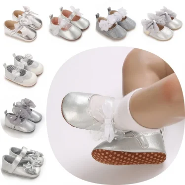 Silver Princess Shoes 0-18M Newborn Casual Shoes Baby Bow Non slip Cloth Bottom Flat Bottom PU Newborn Bow Decoration Mary Janes 1