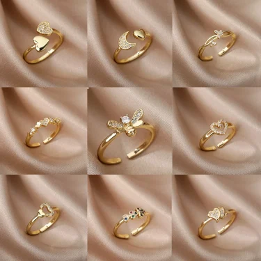 Bee Butterfly Ring For Women Open Adjustable Stainless Steel Cubic Zirconia Moon Heart Finger Ring Elegant Birthday Jewelry 1