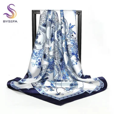 [BYSIFA] China Style Blue White Silk Scarf Cape 2017 New Design Ladies Muslim Head Scarf Printed Fashion Accessories Satin Scarf 1
