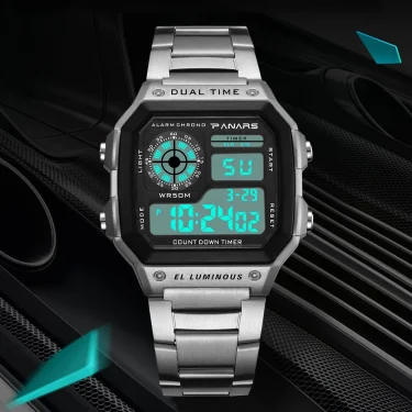 PANARS Top Luxury Stainless Steel Strap Sport Watches Men Waterproof Back Light Digital Wristwatch Male Alarm Trendy and Fashion 1