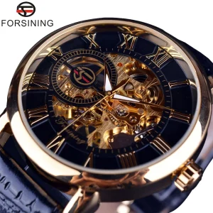 Forsining 3d Logo Design Hollow Engraving Black Golden Case Leather Skeleton Mechanical Watches Men Luxury Brand Heren Horloge 1