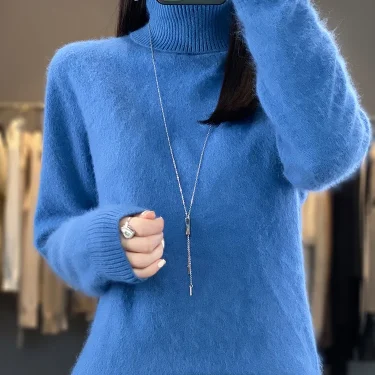 100% Mink Cashmere Women Sweater Basic Bottoming Female Pullover Long Sleeve New Knitwear Tops Turn Down Collar Autumn Winter 3