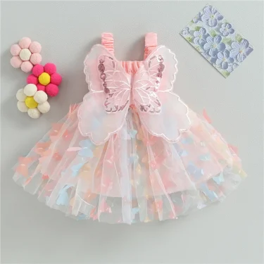Toddler Baby Girls Dress 3D Butterfly Ruched Sleeveless Layered Cami Dress Summer Casual Clothes Princess Dress 1