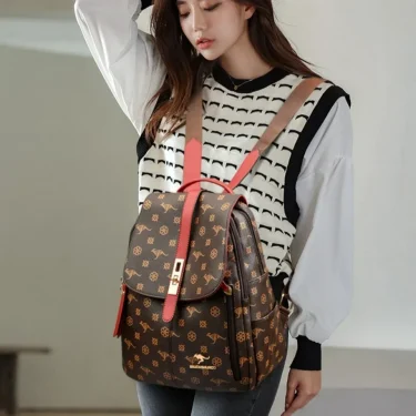 Vintage Printing Women Backpack Large Capacity with Multiple Pockets Casual Daypack Designer Leather Backpack Travel Bagpack 3