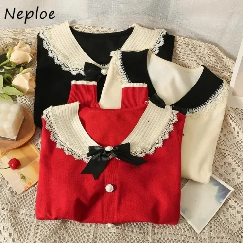 Neploe Elegant Sweet Lapel Neck Bow Cardigans 2024 Autumn Fashion Sweaters Women Y2k Single Breasted Bottoming Knitted Tops 1